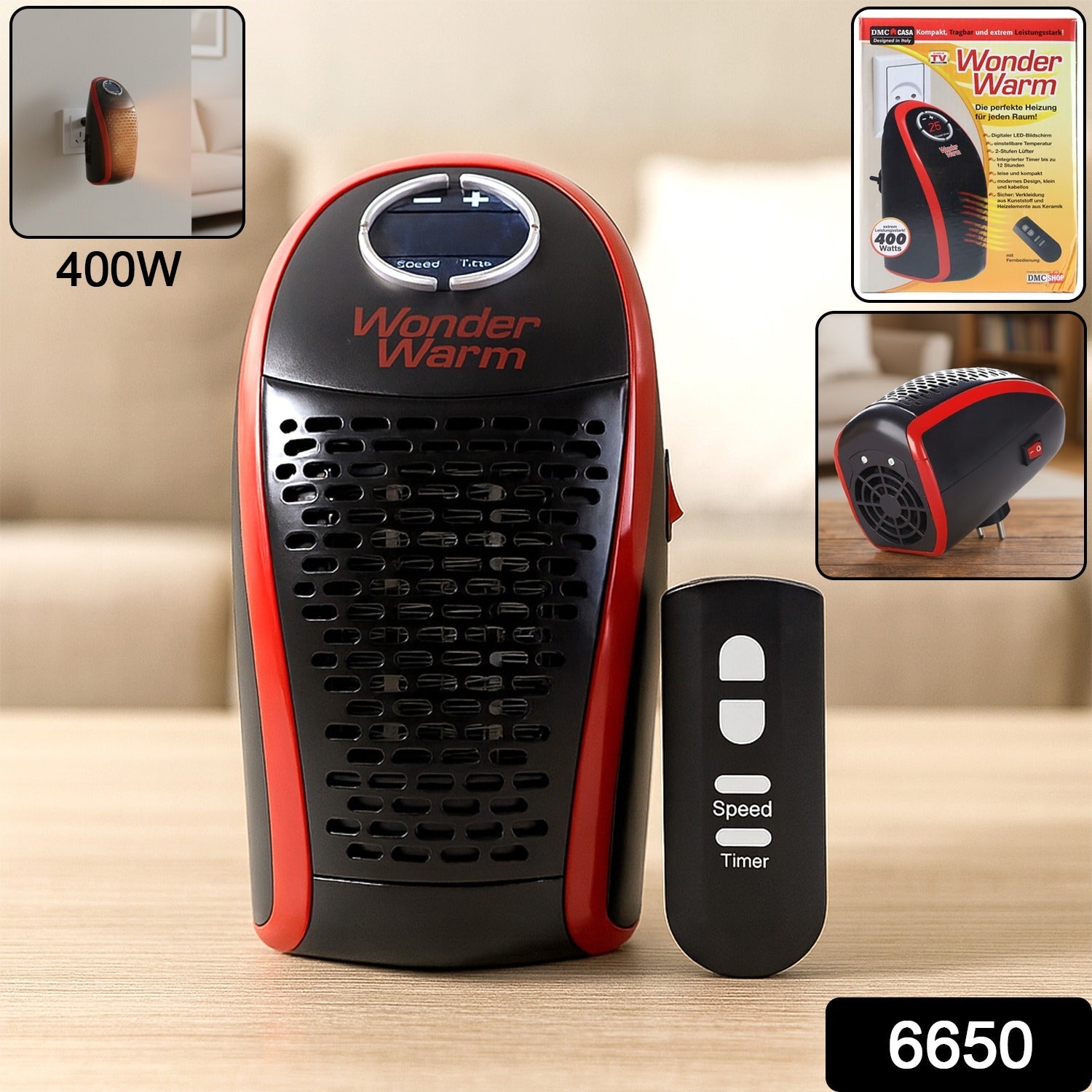 400W wall plug heater plugged into wall socket warming a room
