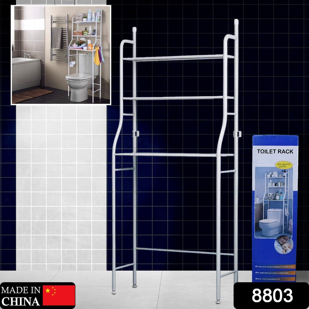 Close-up of the metal over toilet storage rack with toiletries and towels, highlighting its functionality.