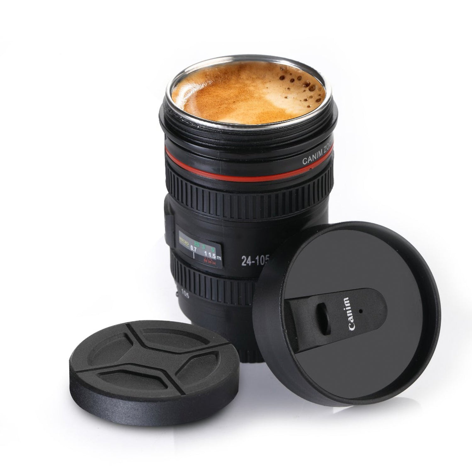 Close-up of the camera lens mug's intricate design details, including focus rings.