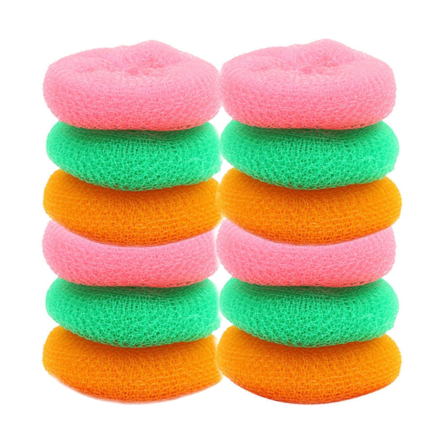An array of 12 round nylon scrubbers, highlighting the value of this essential kitchen cleaning set.