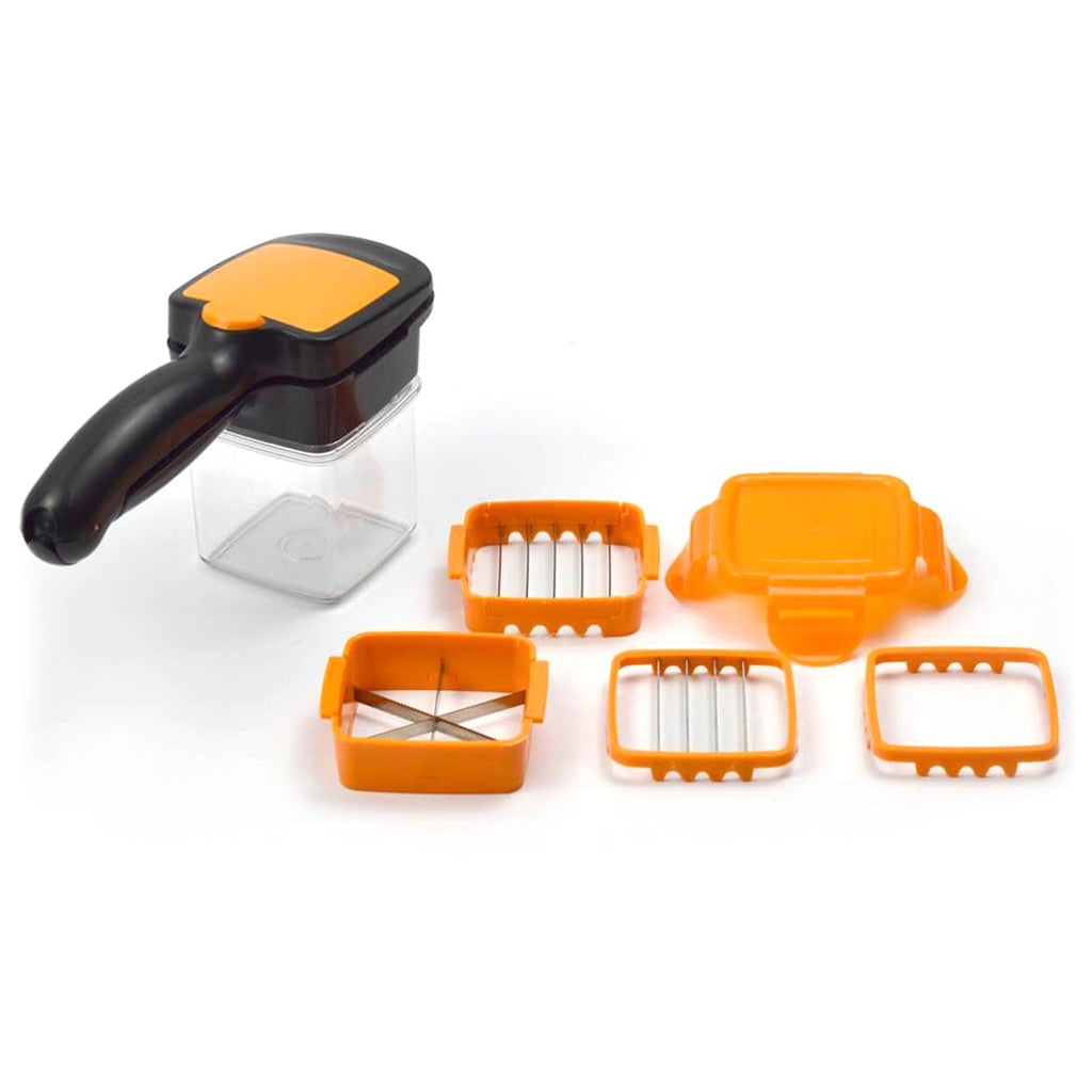 Durable plastic vegetable cutter with multiple attachments for versatile use.