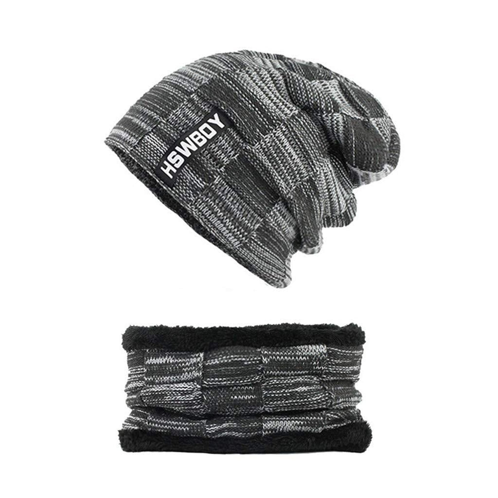 Front view of the comfortable and versatile woolen beanie scarf set.