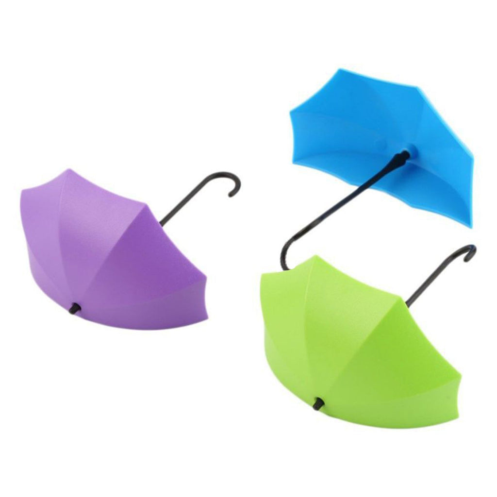 Versatile umbrella wall hooks organizing items in both a kitchen and a bathroom setting.