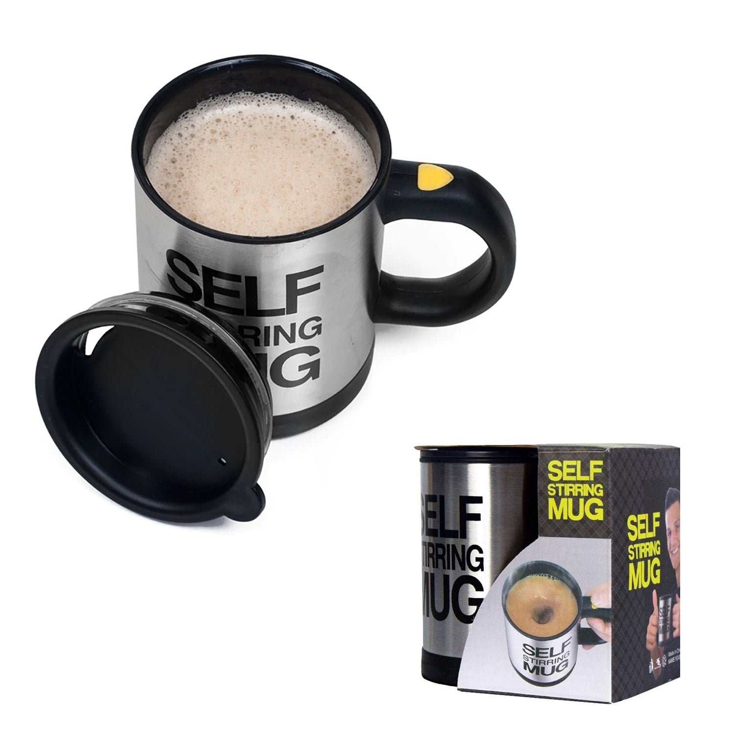 The Self Stirring Mug in action, creating a swirl in a beverage, demonstrating its powerful stirring.