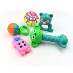 Various shapes and colors in the Aditi rattles toy set.