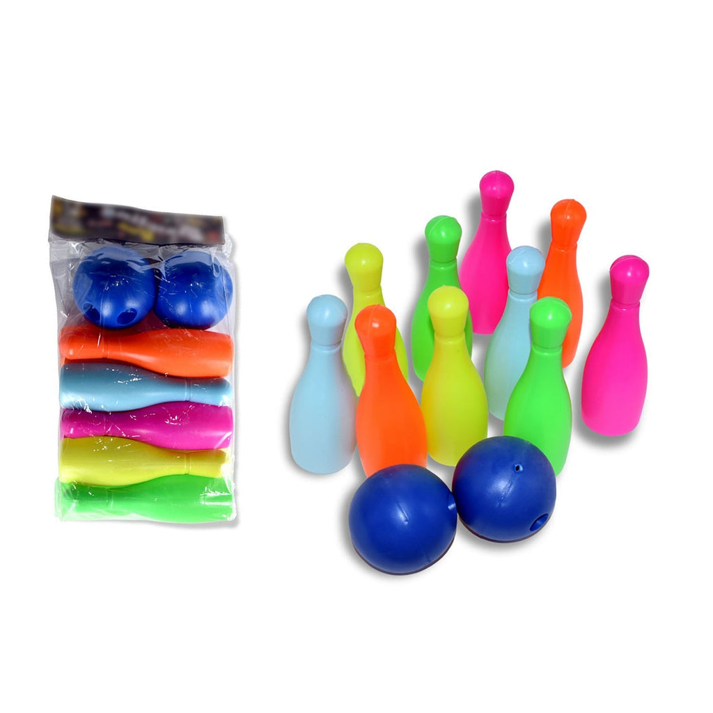 Vibrant set of bowling pins and balls in various colors, ideal for engaging kids' play.