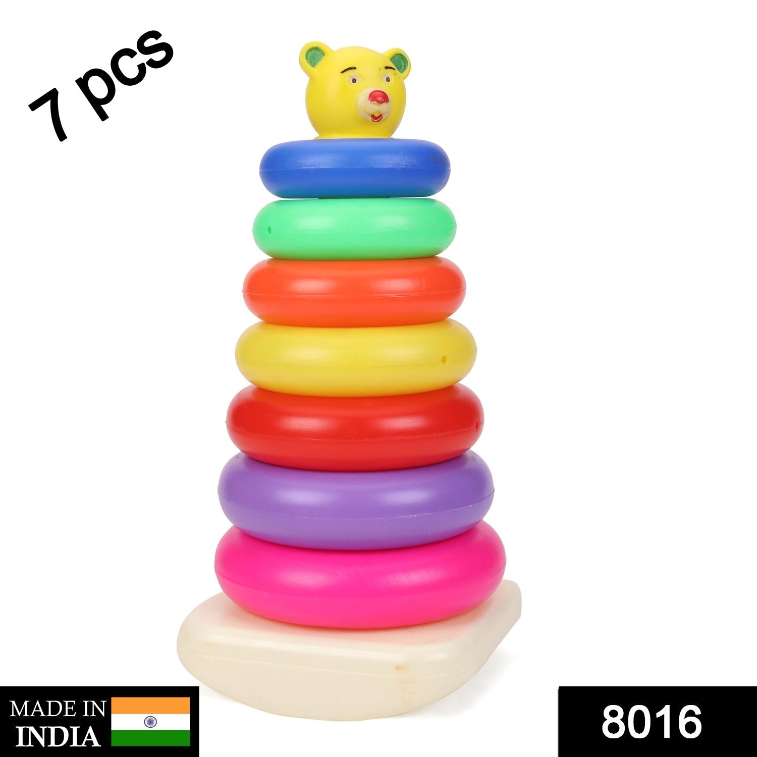 Close-up view of the colorful Kids Stacking Rings in a teddy bear design.