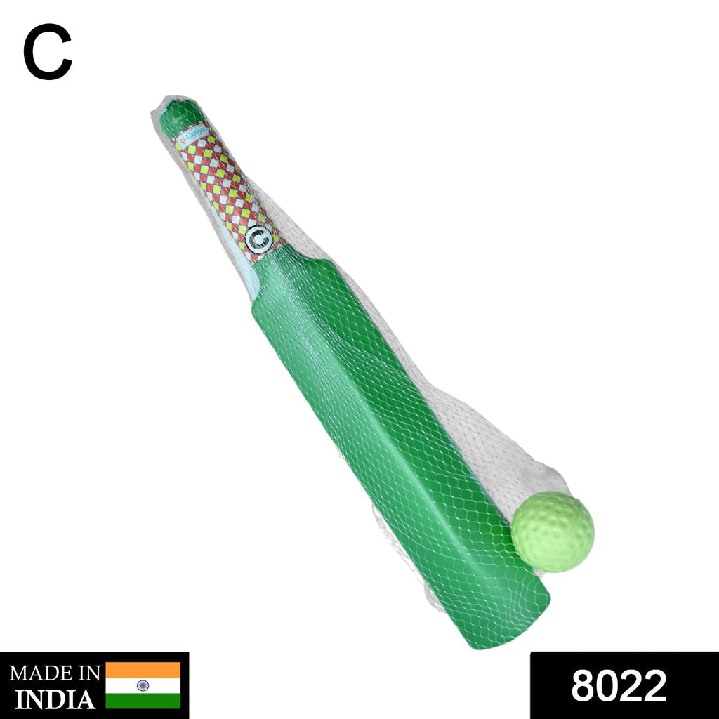 Vibrant plastic cricket bat and ball set for children, displayed on a clean surface