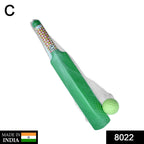 Vibrant plastic cricket bat and ball set for children, displayed on a clean surface
