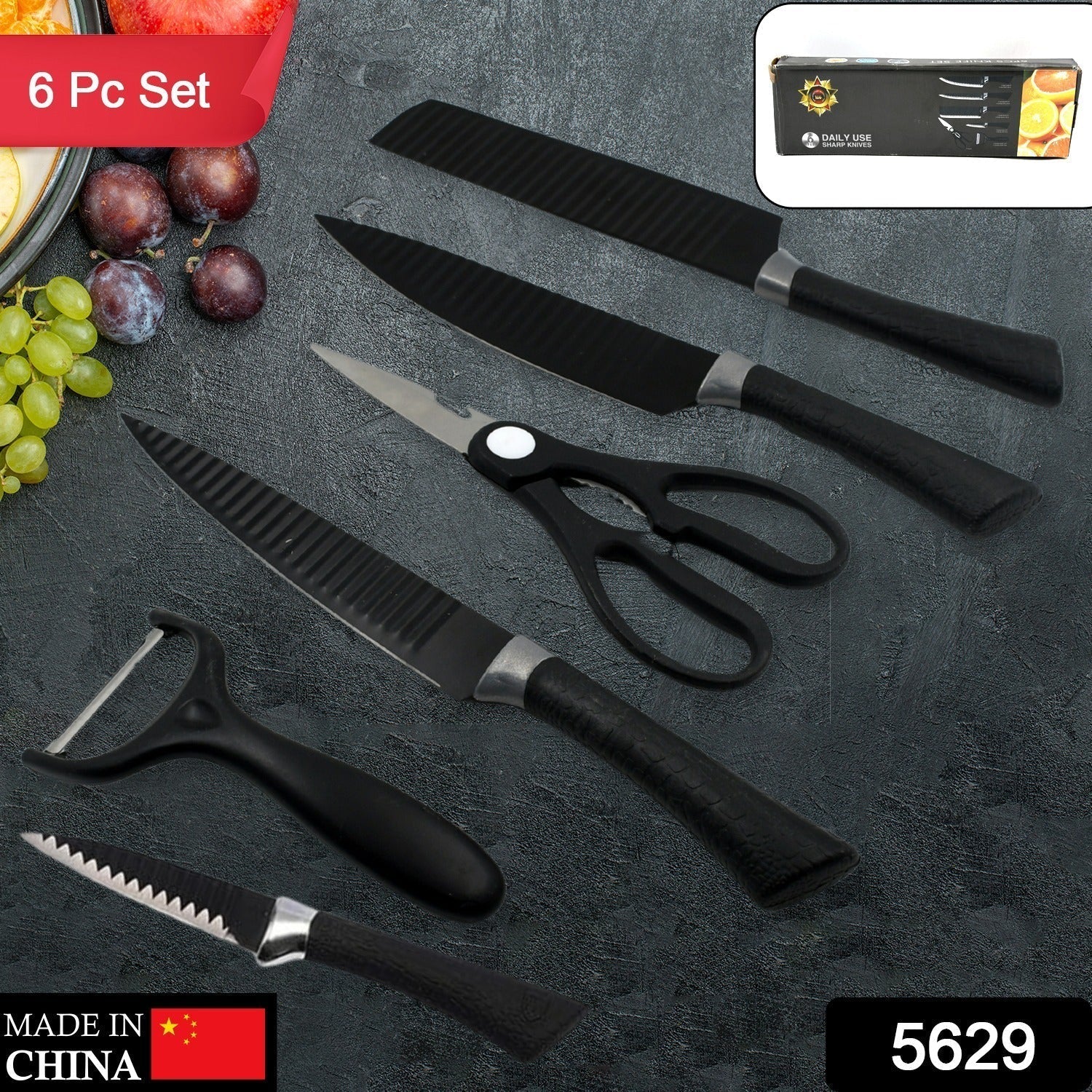 Close-up of CookAura stainless steel kitchen knives featuring ergonomic non-slip handles.
