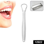 U-shaped stainless steel tongue scraper displayed.