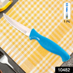 Sharp stainless steel kitchen knife laying flat on white background