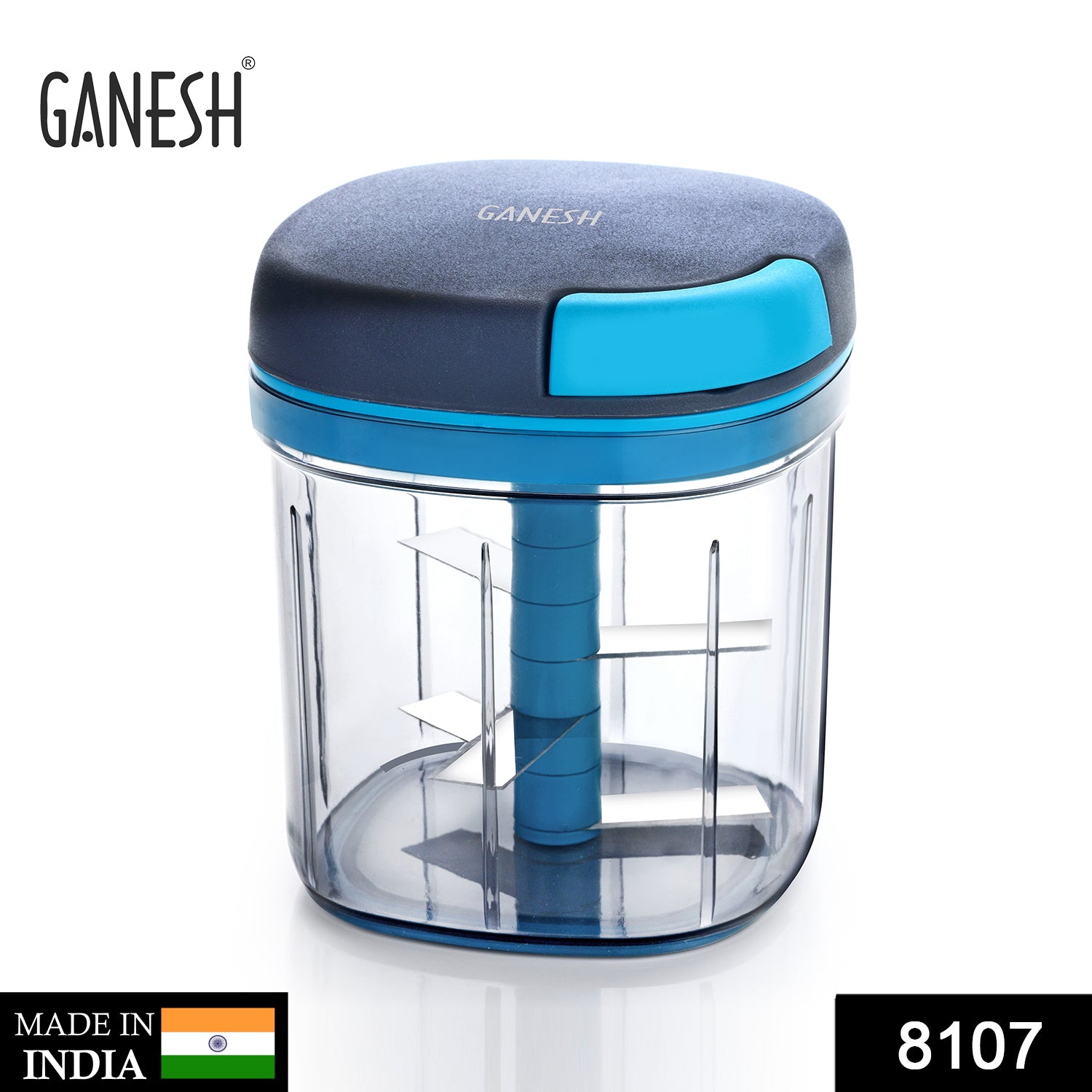 Ganesh Master Chopper XL 900ml with 5 stainless steel blades for effortless vegetable chopping.