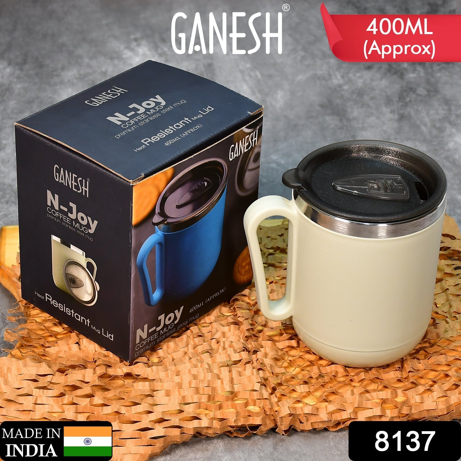 Side view of the Ganesh double-wall stainless steel coffee mug.