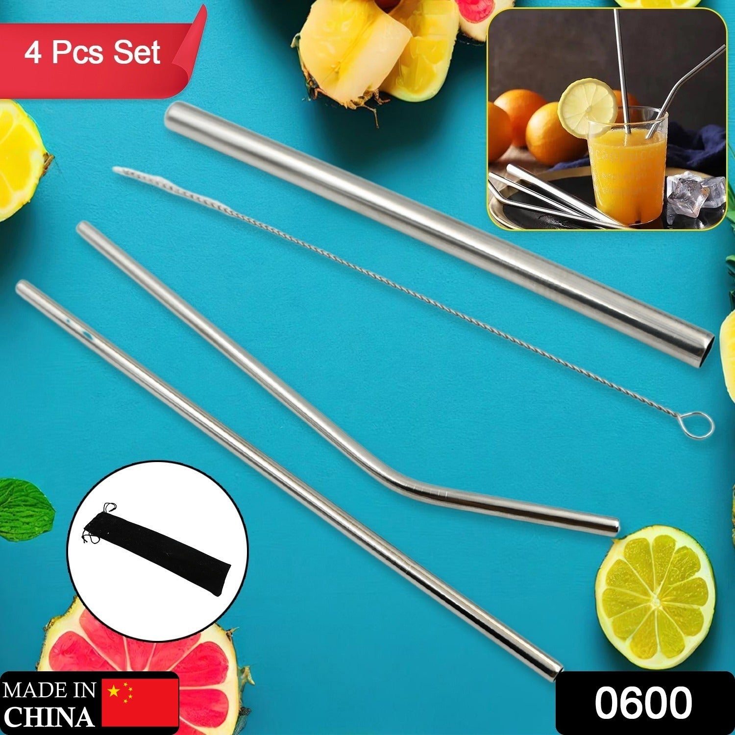 Close-up view of a straight and a bent stainless steel straw, showcasing quality.