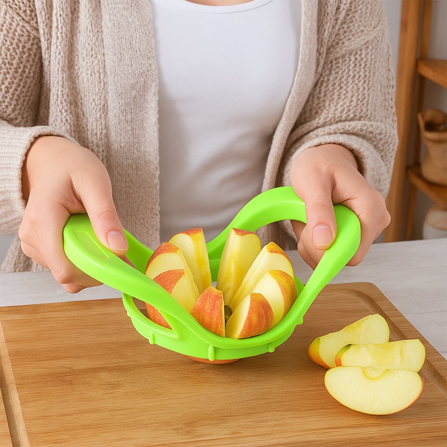 Quickslice apple cutter with 8 stainless steel blades, ready to slice fruit.