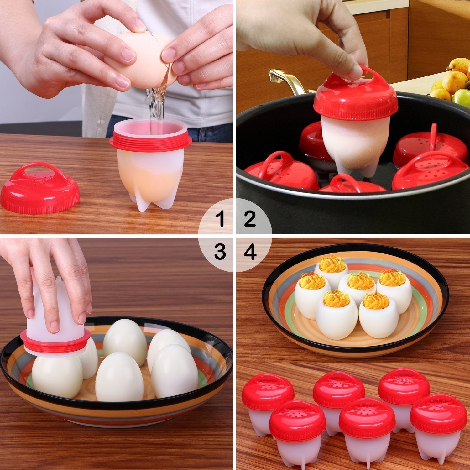 An attractive display of the Nonstick Egg Boiler cups alongside cooked shell-free eggs.