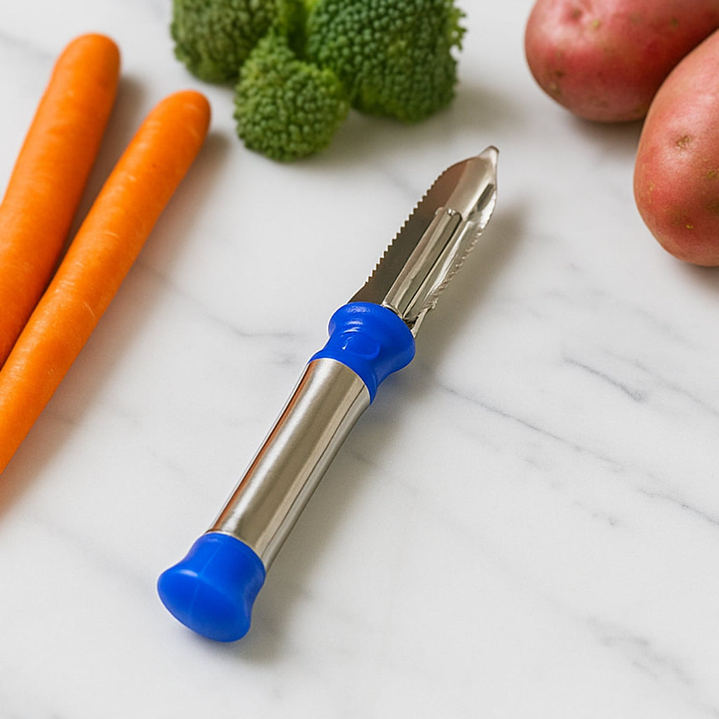 Indo Glow Stainless Steel Vegetable Peeler with dual sharp blades on a white background.