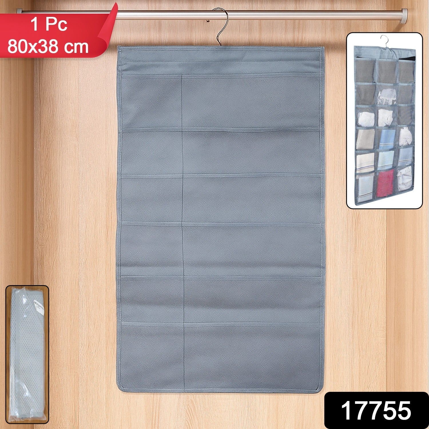 Open multi-pocket hanging under garment organizer inside a closet