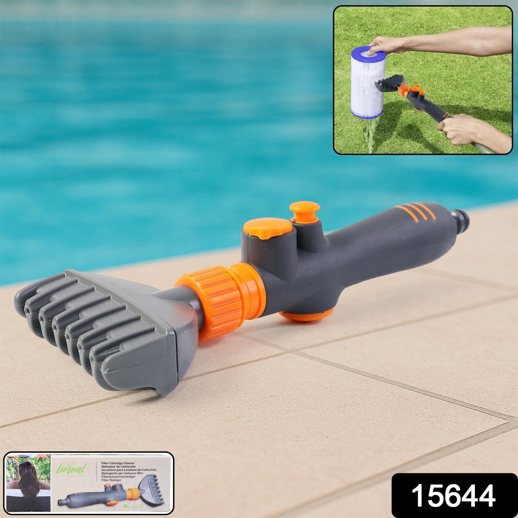 Close-up of pool filter cartridge cleaner nozzle showing ergonomic handle