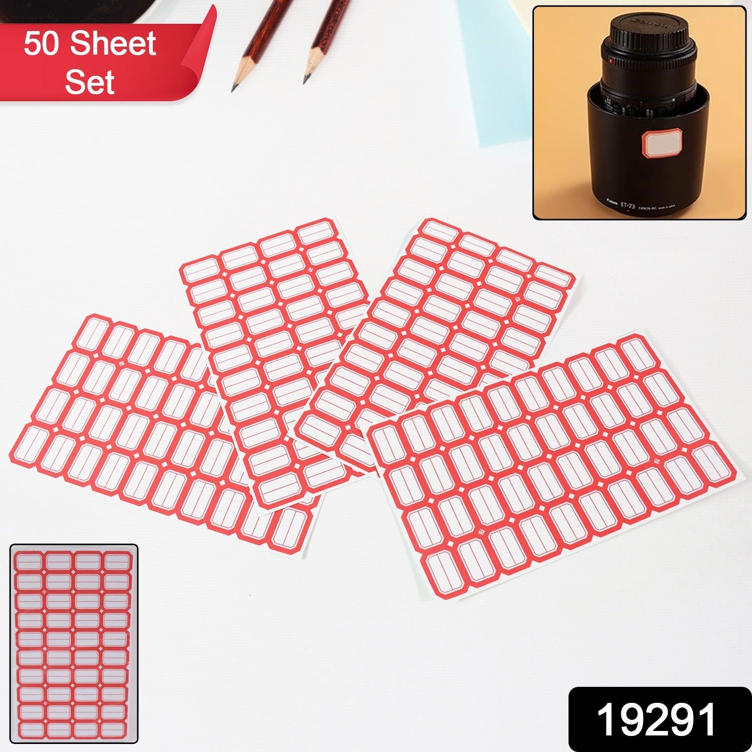 Close-up showing self-adhesive backing of red border label sticker sheet.