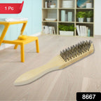 Ergonomic wooden handle of the steel wire brush for comfortable grip.