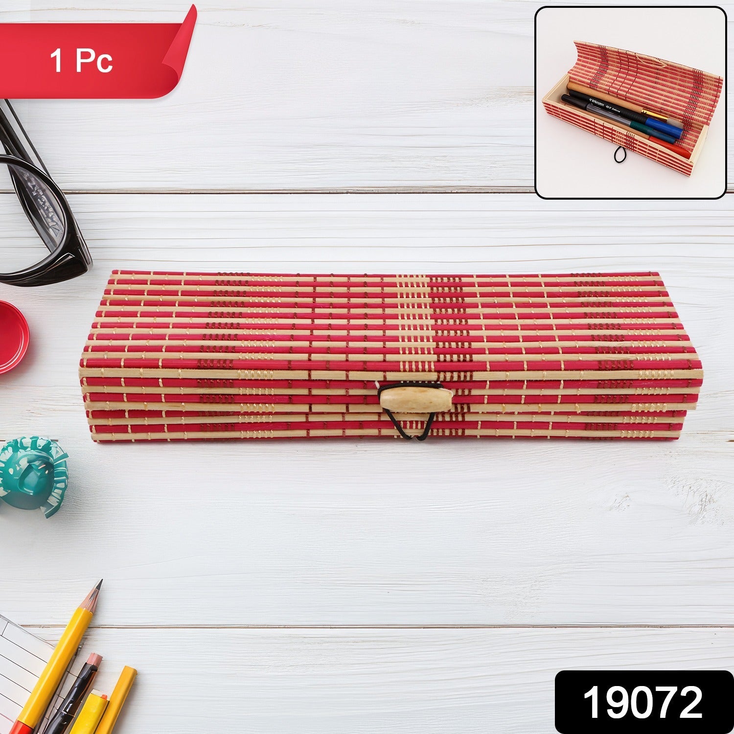 Multi-purpose bamboo pen and makeup storage box with toggle clasp