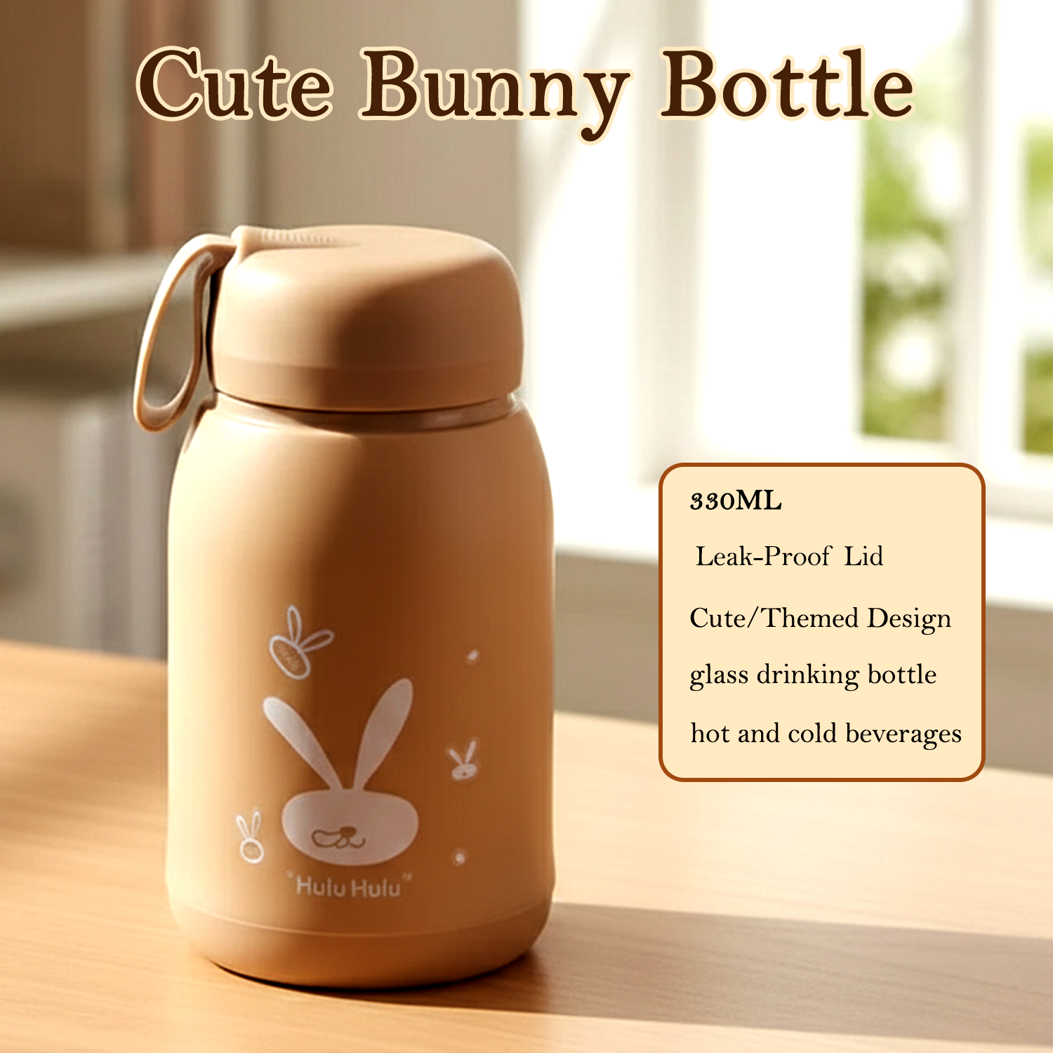 Mini brown glass water bottle with screw lid and bunny print