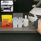 PowerPulse Nano Magic Car Scratch Remover Kit with solution, cloths, and gloves.