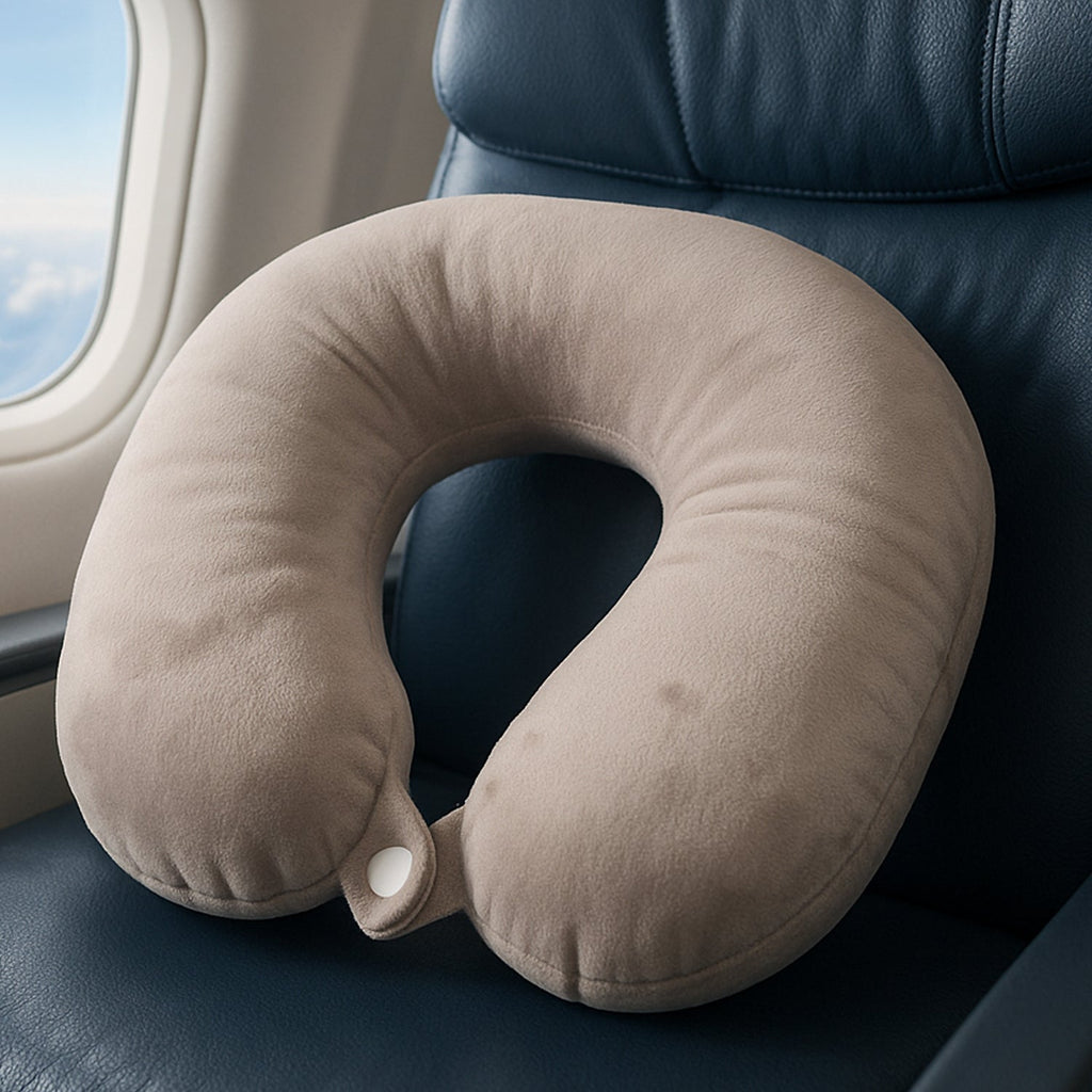 Travel Neck Pillow made with memory foam, shown in a studio shot.