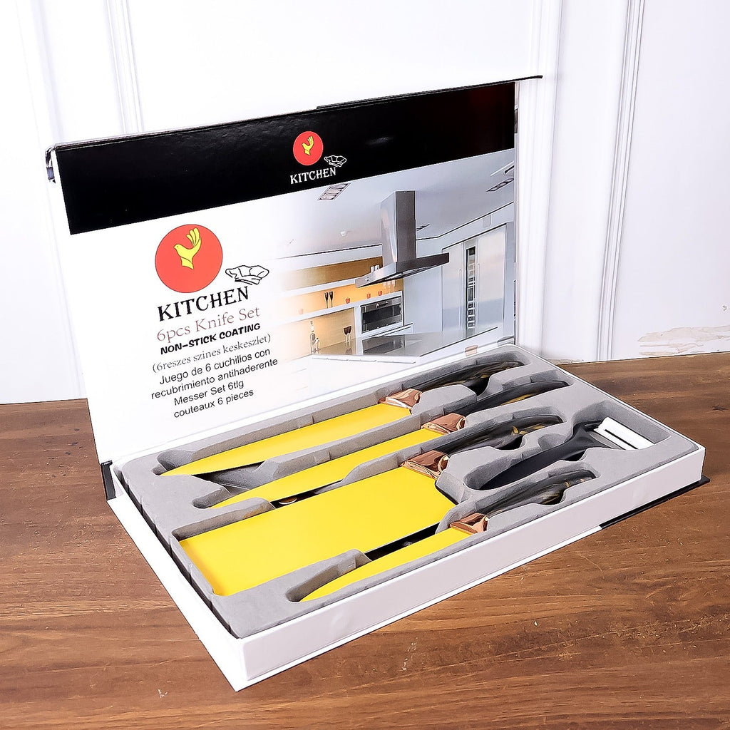 Heavy-duty stainless steel kitchen knives with non-stick yellow coating
