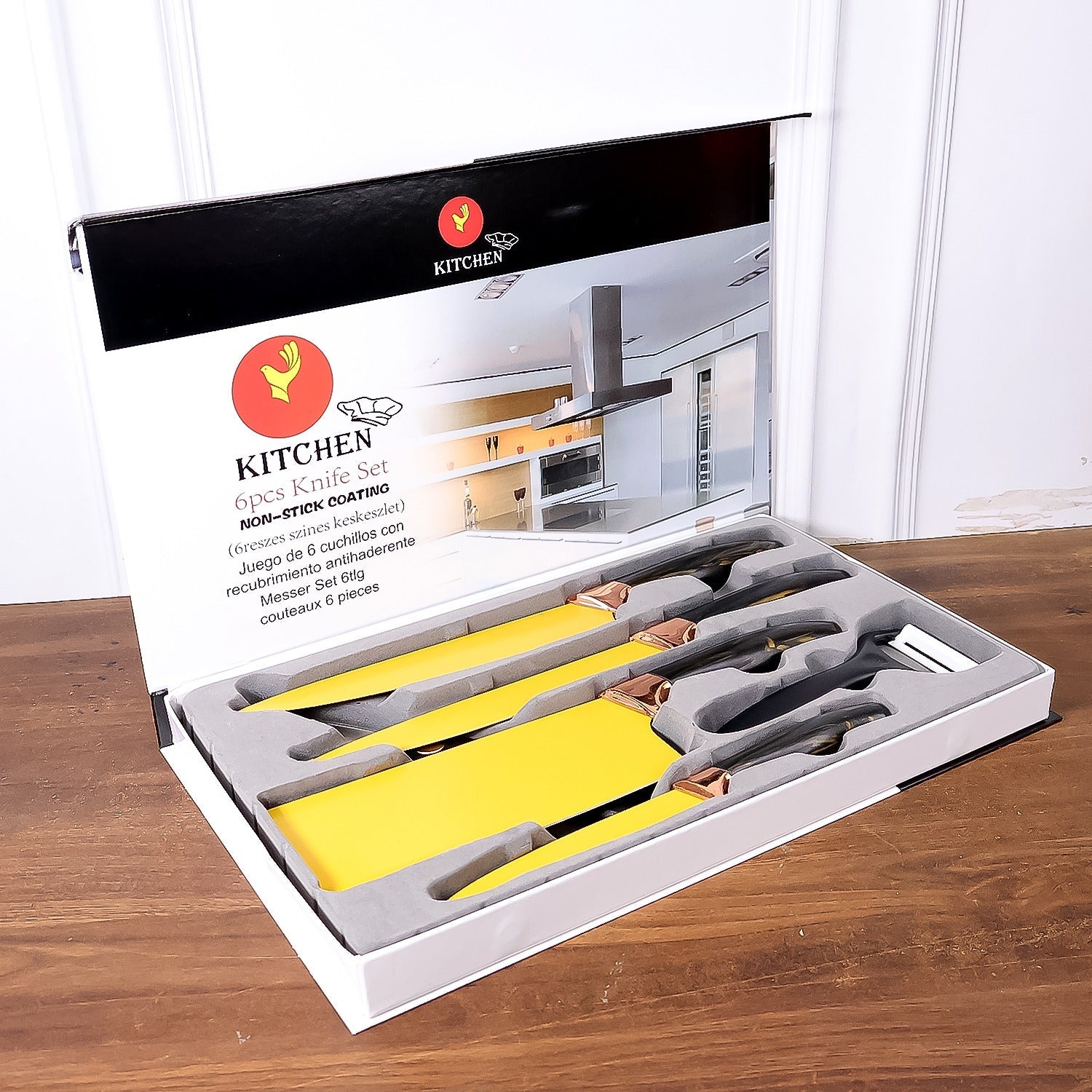 Heavy-duty stainless steel kitchen knives with non-stick yellow coating