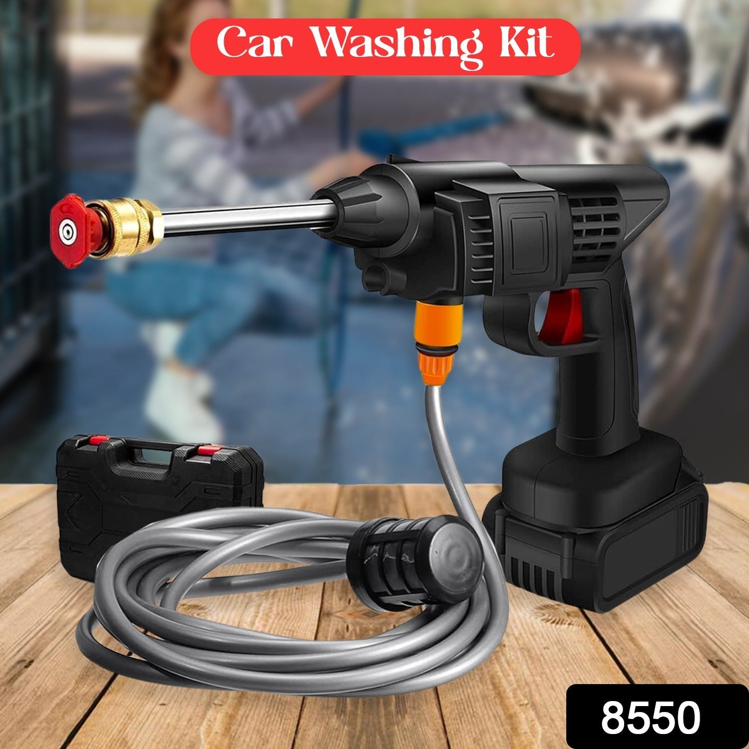 All essential accessories and extension parts for the portable pressure washer kit.