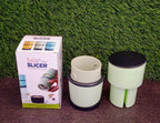 Collection of multicolor grinder and slicer kitchen tools.