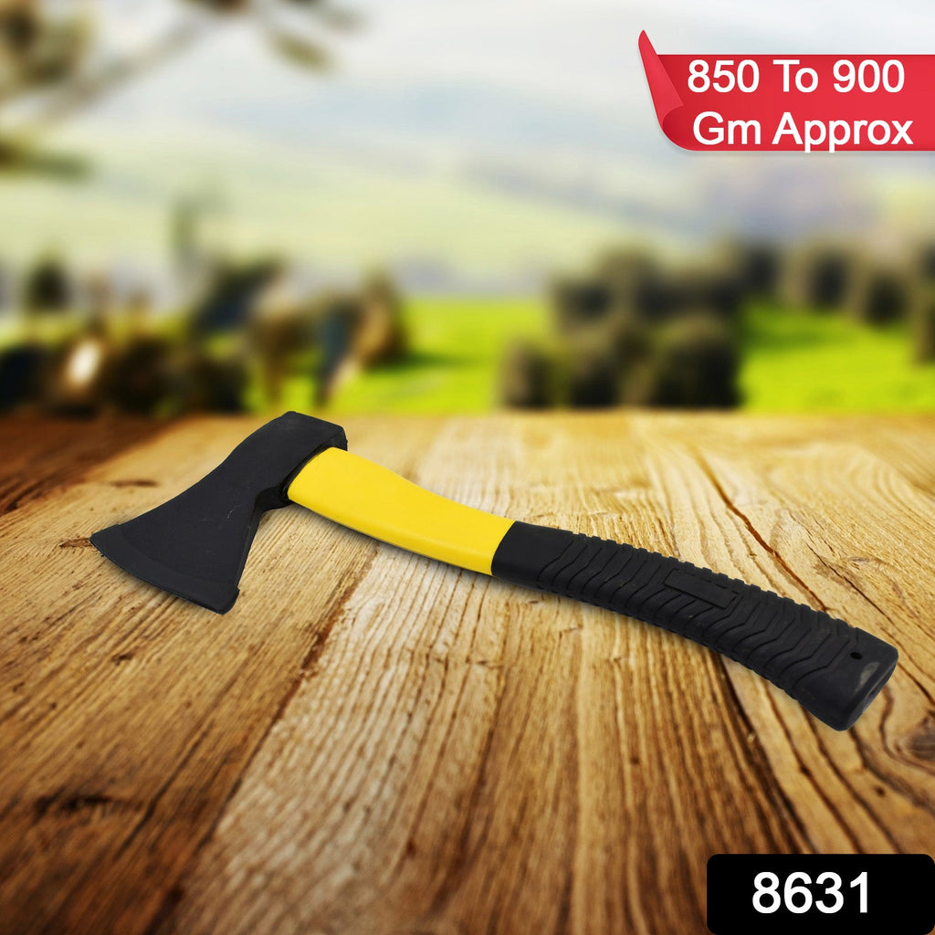 Close-up of the hatchet axe's sharpened steel head and ergonomic grip.