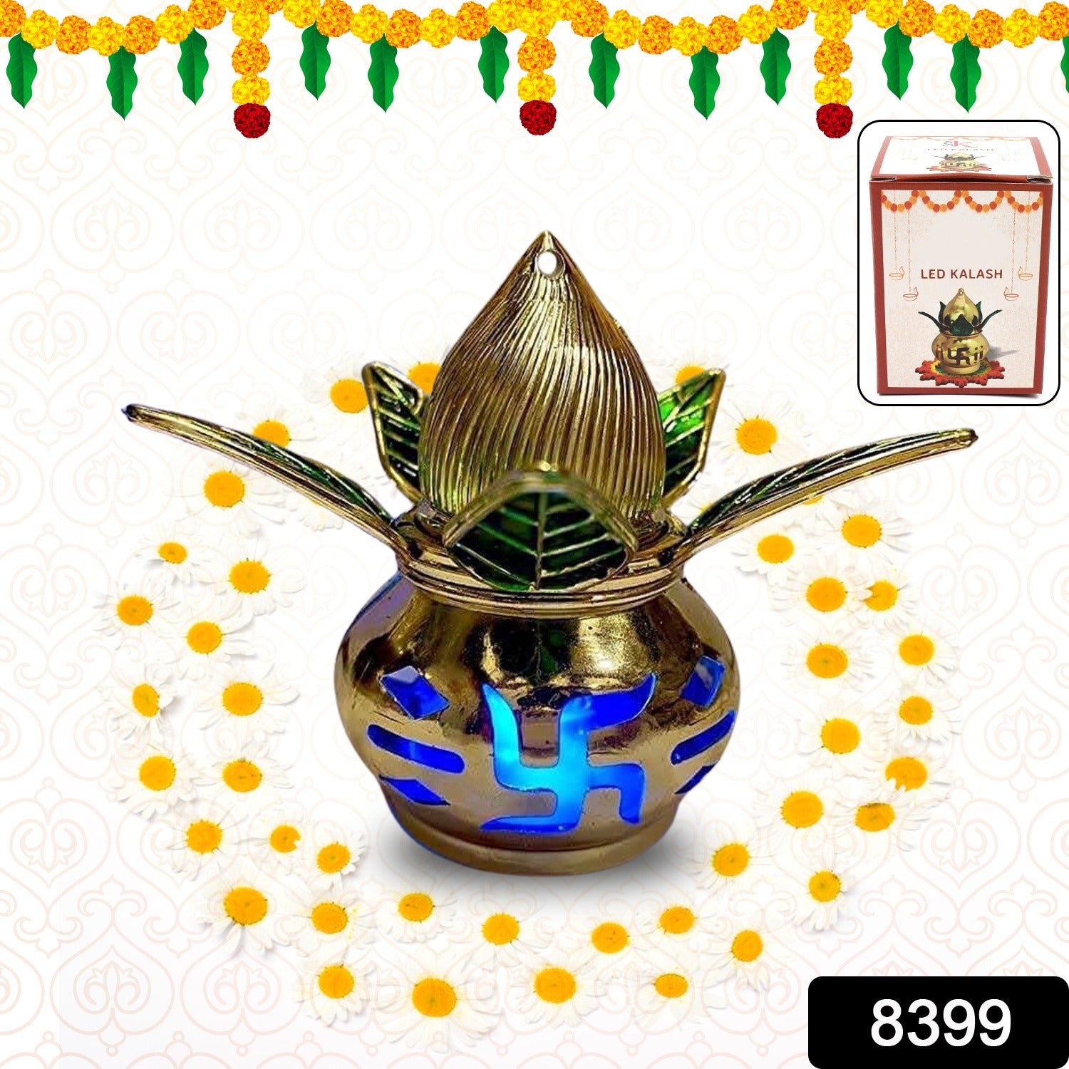 Close-up of a decorative LED Kalash with intricate gold plating on a festive background.