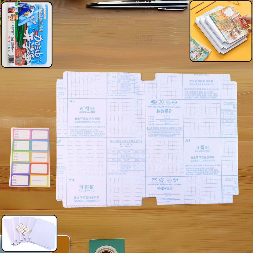 Transparent adhesive book cover sheet protecting a hardcover book