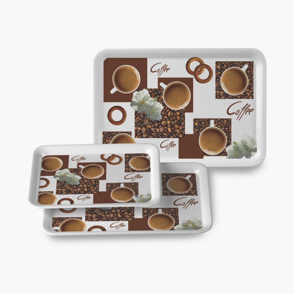 Three multicolor serving trays in various sizes perfect for food presentation and decor.