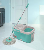 Ganesh 360 Spin Mop with Wheels, showcasing auto-fold handle and microfiber head.