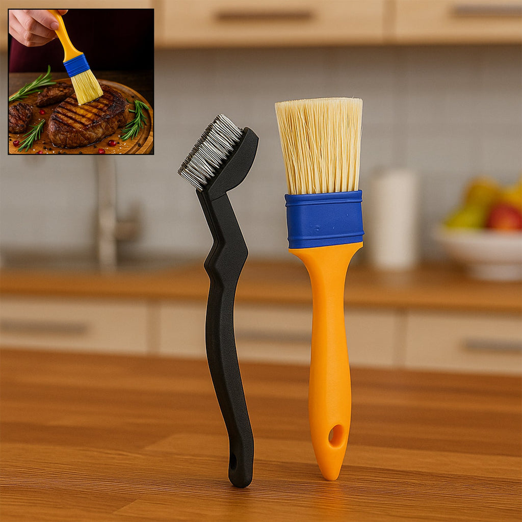Two basting brushes, one with red handle and one with blue, for cooking and baking.
