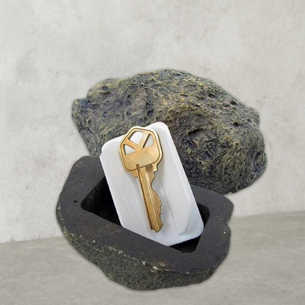 Front view of the Safelix fake rock key hider, an ideal outdoor key storage solution.