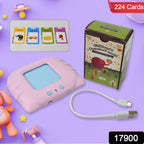 Close-up of a flash card from the learning machine showing words and pictures.