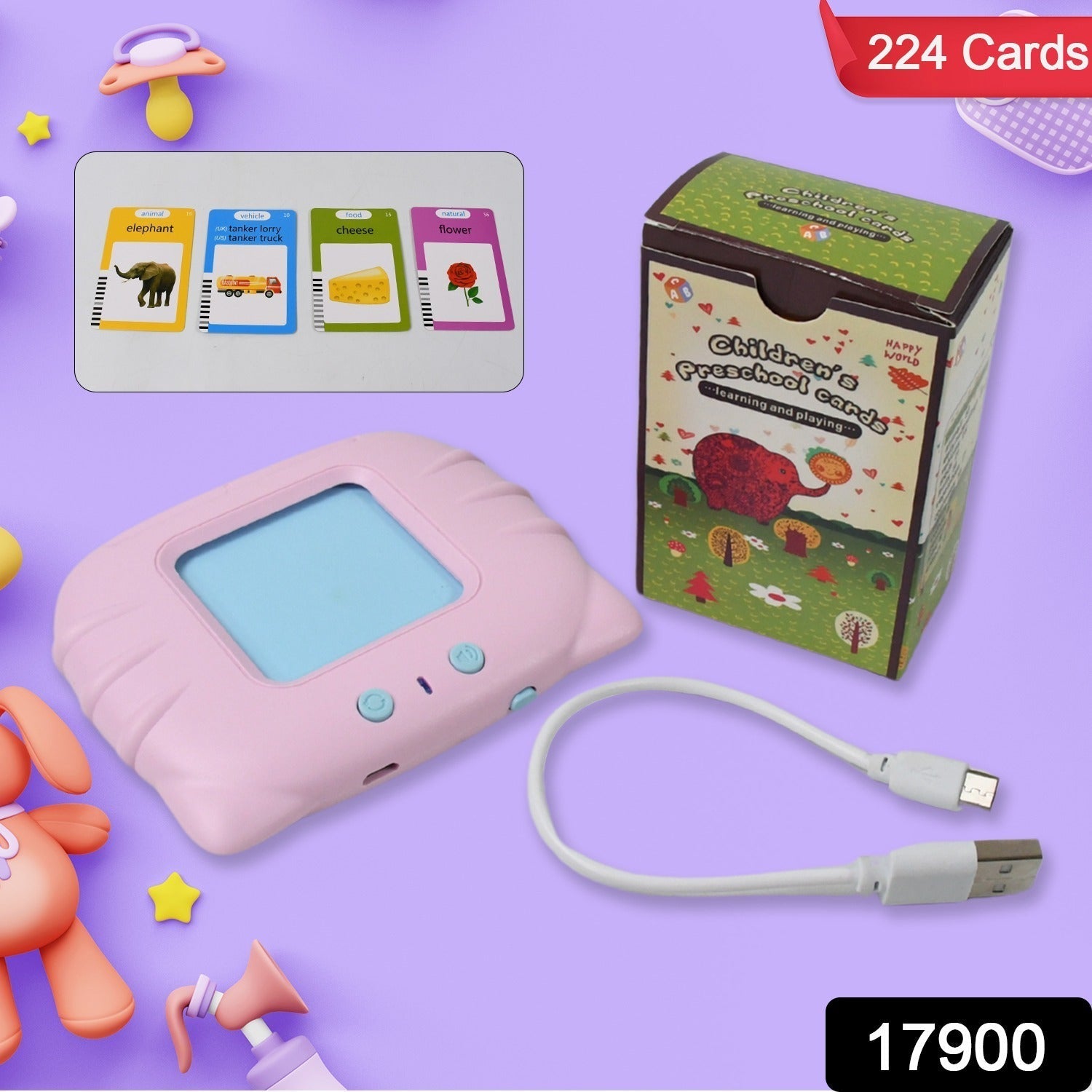 Close-up of a flash card from the learning machine showing words and pictures.