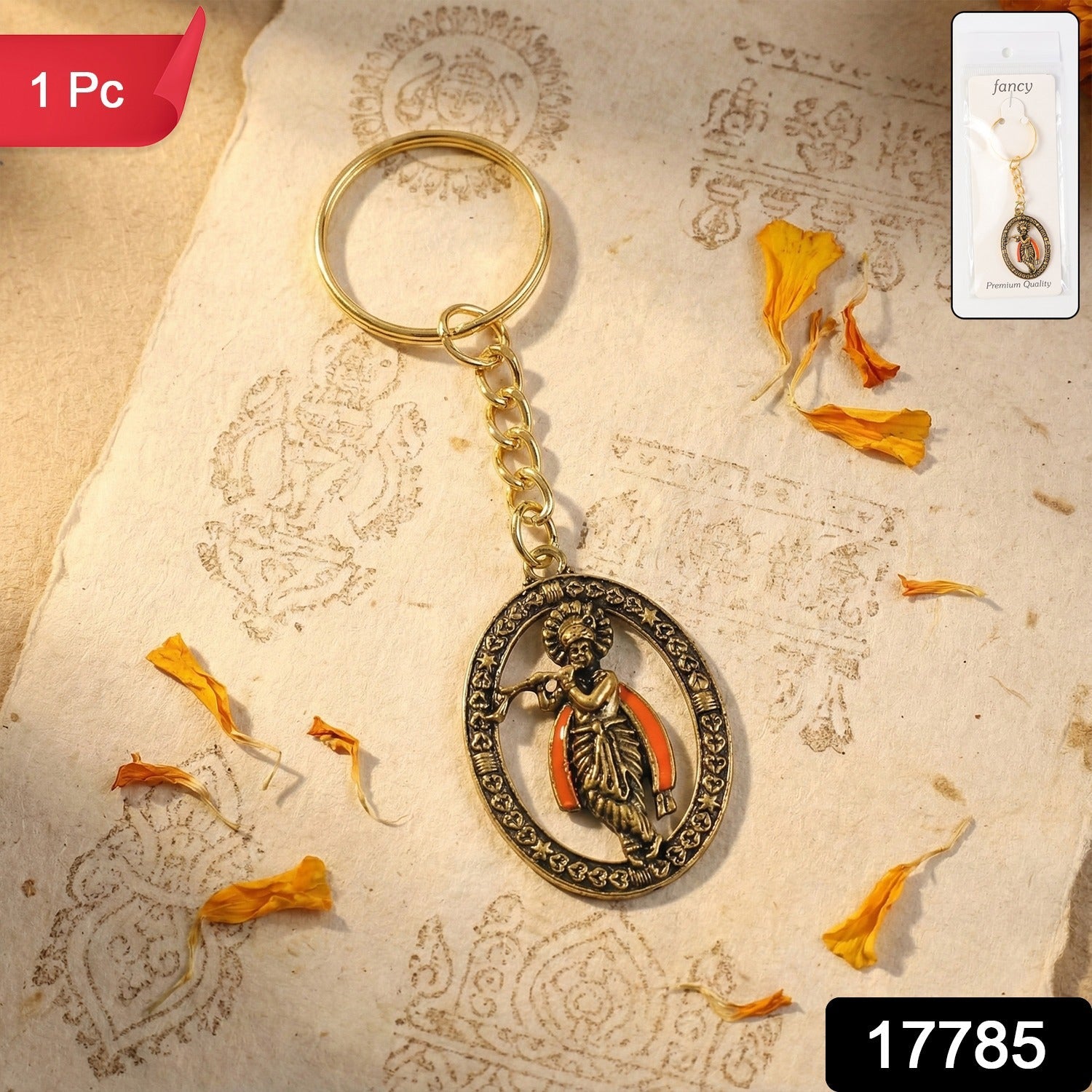 Traditional Lord Krishna metal keychain displayed on surface
