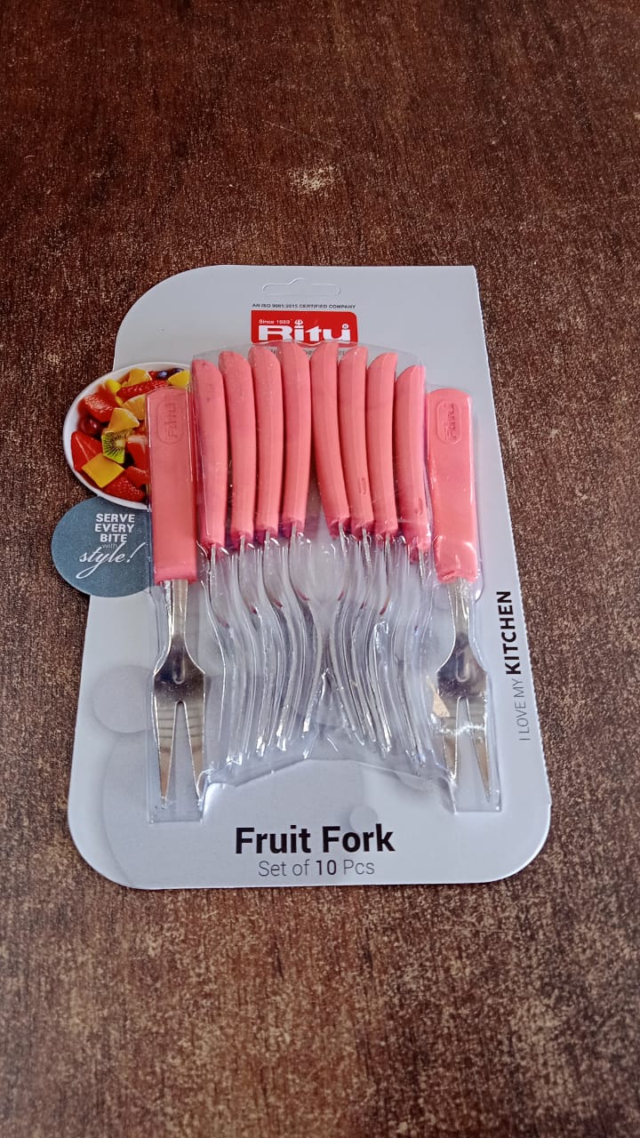 Compact reusable fruit forks with soft grip stainless steel tines