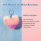 Front view of soft plush heart keychain in pink and purple