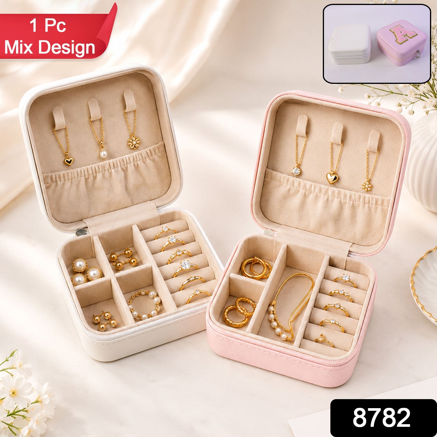 An open portable jewellery case showcasing multiple compartments for rings, earrings, and necklaces.