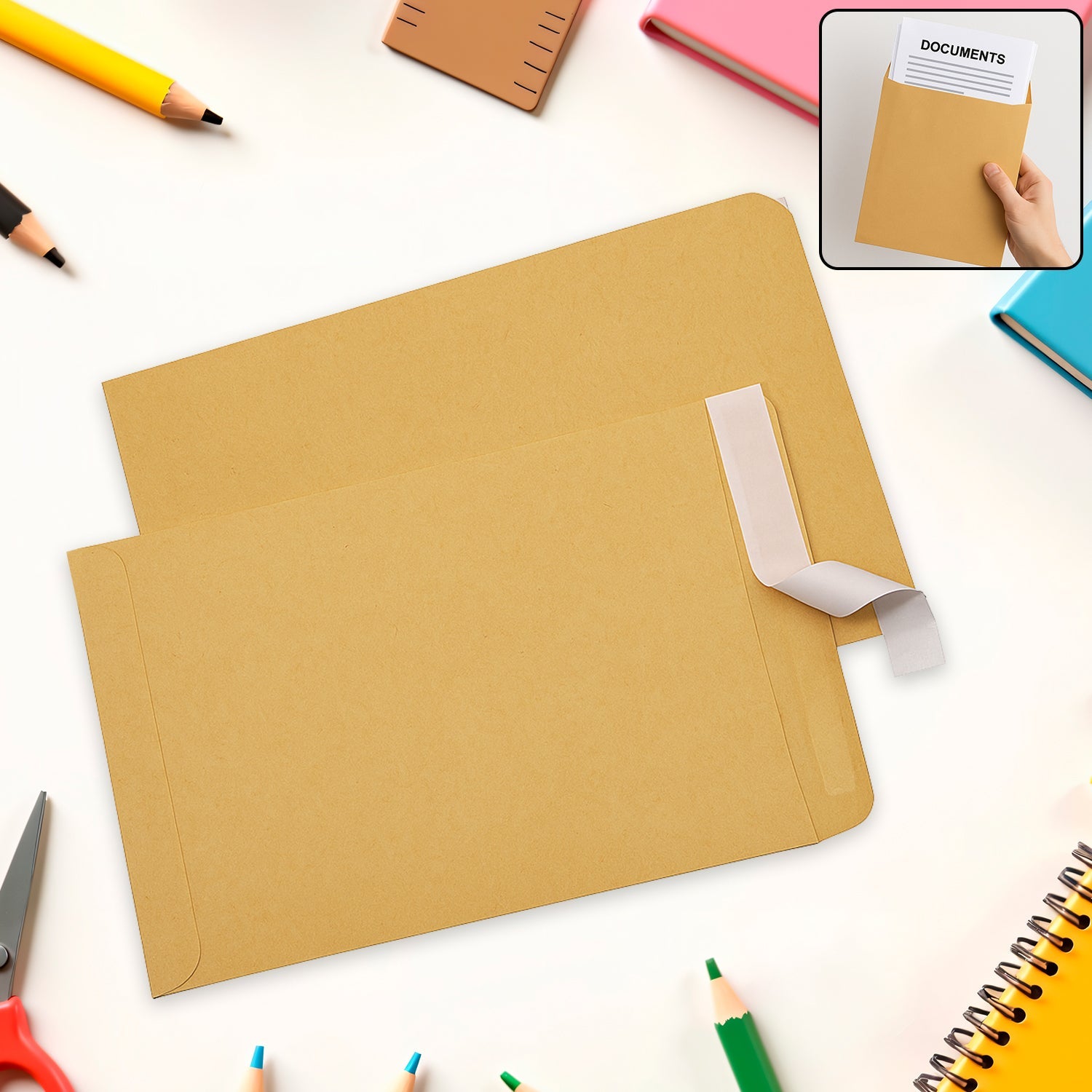 Brown Kraft Envelopes, 16x14 inches, stacked neatly on a wooden surface.