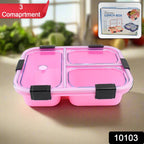 Open view of the plastic 3 compartment lunch box, showcasing separate food sections.