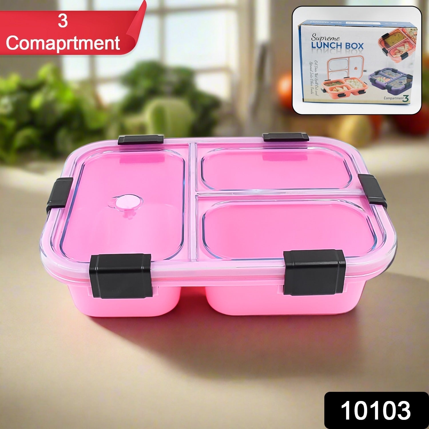 Open view of the plastic 3 compartment lunch box, showcasing separate food sections.